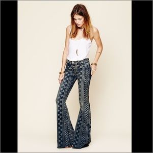 Free People Mantra Print Denim Hemmed Flare Jeans